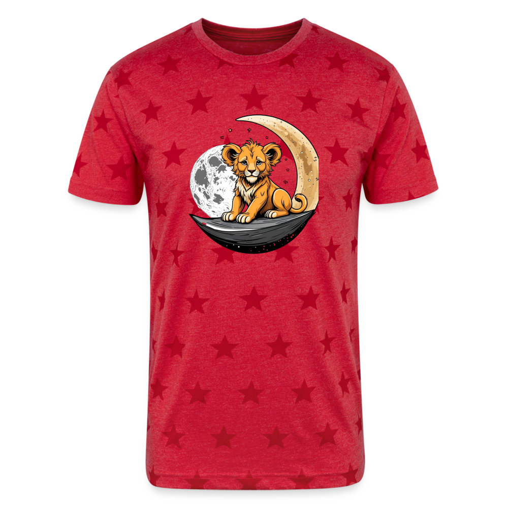 Unisex Adult Star Printed T-Shirt lion cub sitting on the moon - red star