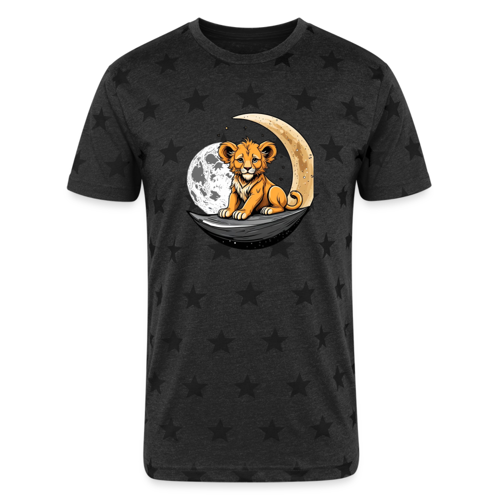 Unisex Adult Star Printed T-Shirt lion cub sitting on the moon - charcoal star 